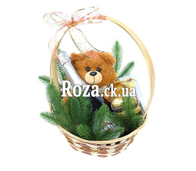 Новогодняя корзина с шампанским, конфетами и Мишкой