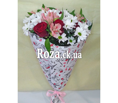 Maiden bouquet of roses, alstromeries and chrysanthemums 1