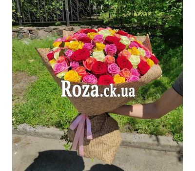 Bright bouquet of 101 multi-colored roses 8