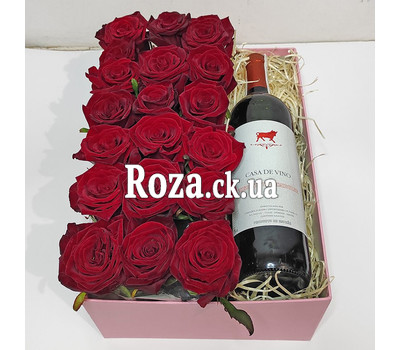 Red roses and wine in a box 1