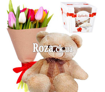 11 тюльпанов с Raffaello и Мишкой