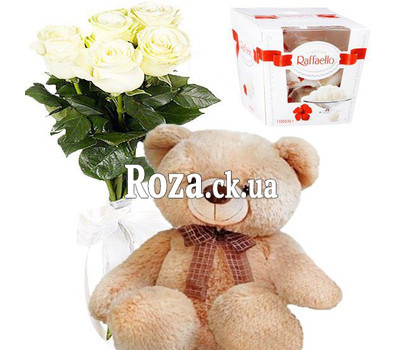 5 белых роз, Мишка и Raffaello